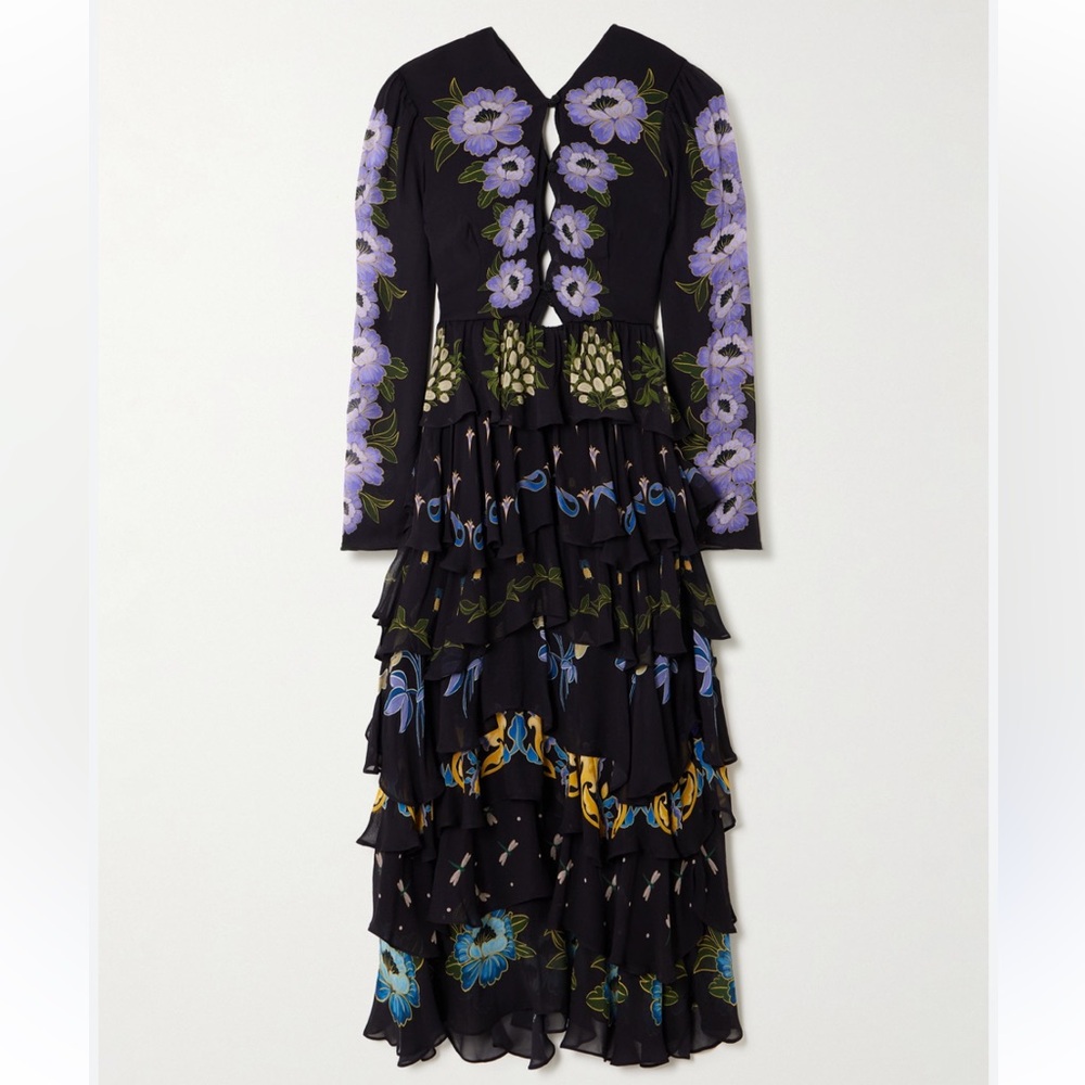 NWT Farm Rio Ruffled Tiered Printed Georgette Midi Dress Black and Purple - Picture 10 of 10